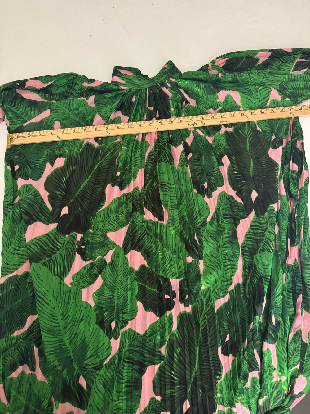Beulah Style Palm Print Pleated Maxi Dress Green Pink Tropical Long Sleeve Sz M - Picture 11 of 11
